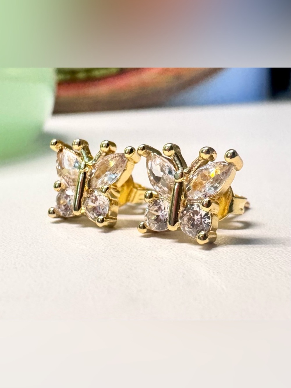 Gold Over Sterling Silver Crystal Butterfly Earrings - Picture 3 of 6
